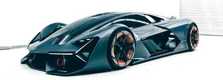 خودرو مفهومی Lamborghini Terzo Millennio در پس زمینه سفید نمایشگاه