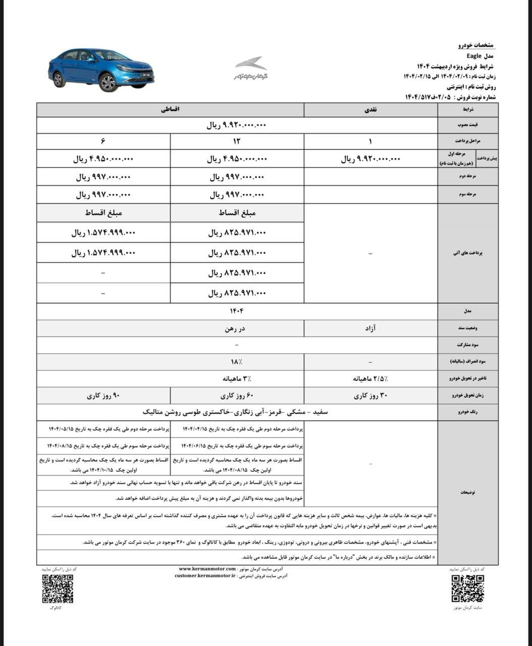 شرایط فروش نقدی و اقساطی کی ام سی ایگل کرمان موتور - اردیبهشت ۱۴۰۴