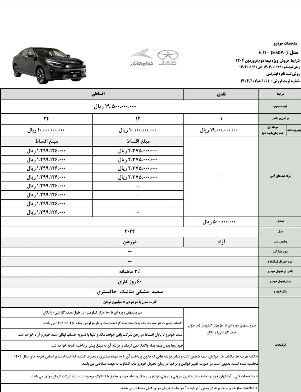بخشنامه فروش نقدی و اقساطی خودروی برقی EJ7 پلاس برقی کرمان موتور ویژه فروردین ماه ۱۴۰۴ 