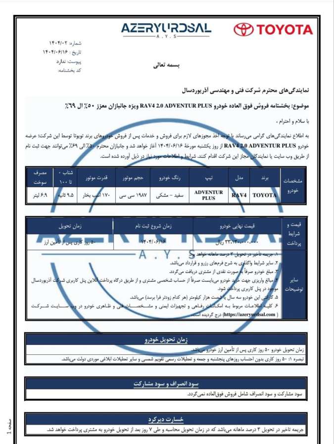 شرایط فروش خودروی تویوتا راوفور آذر یوردسال اعلام شد