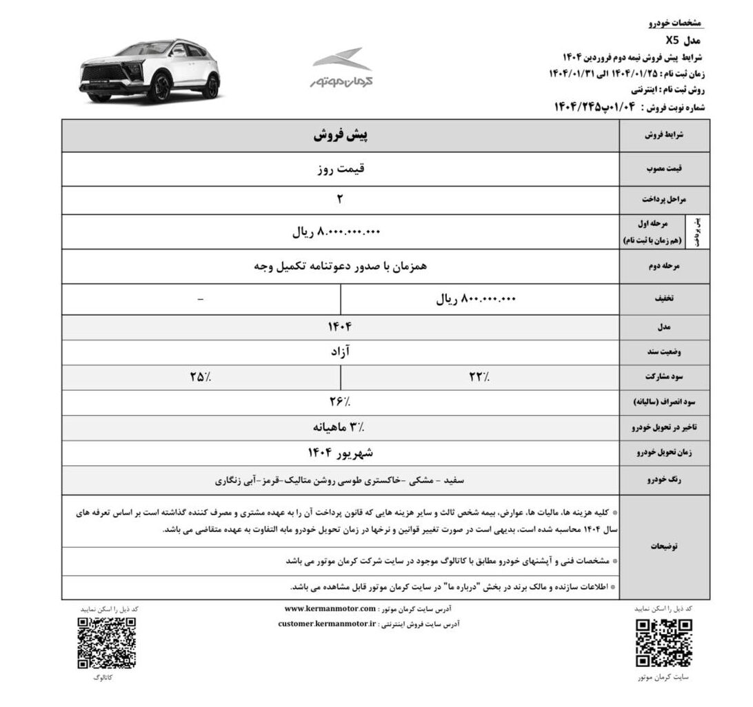 شرایط فروش کی ام سی X5 - فروردین ۱۴۰۴