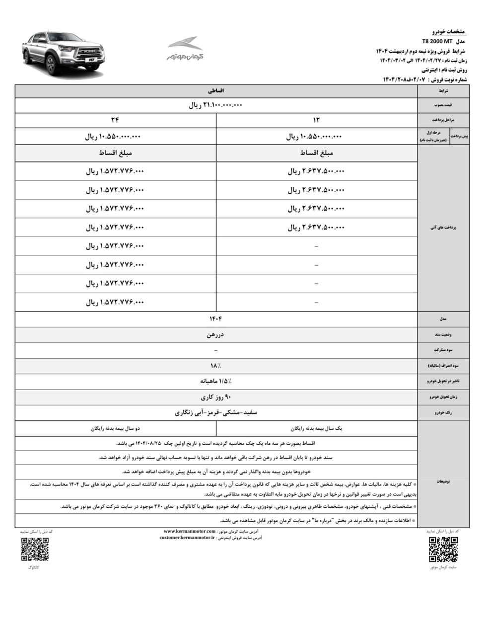 شرایط فروش اقساطی T8 کرمان‌موتور اعلام شد