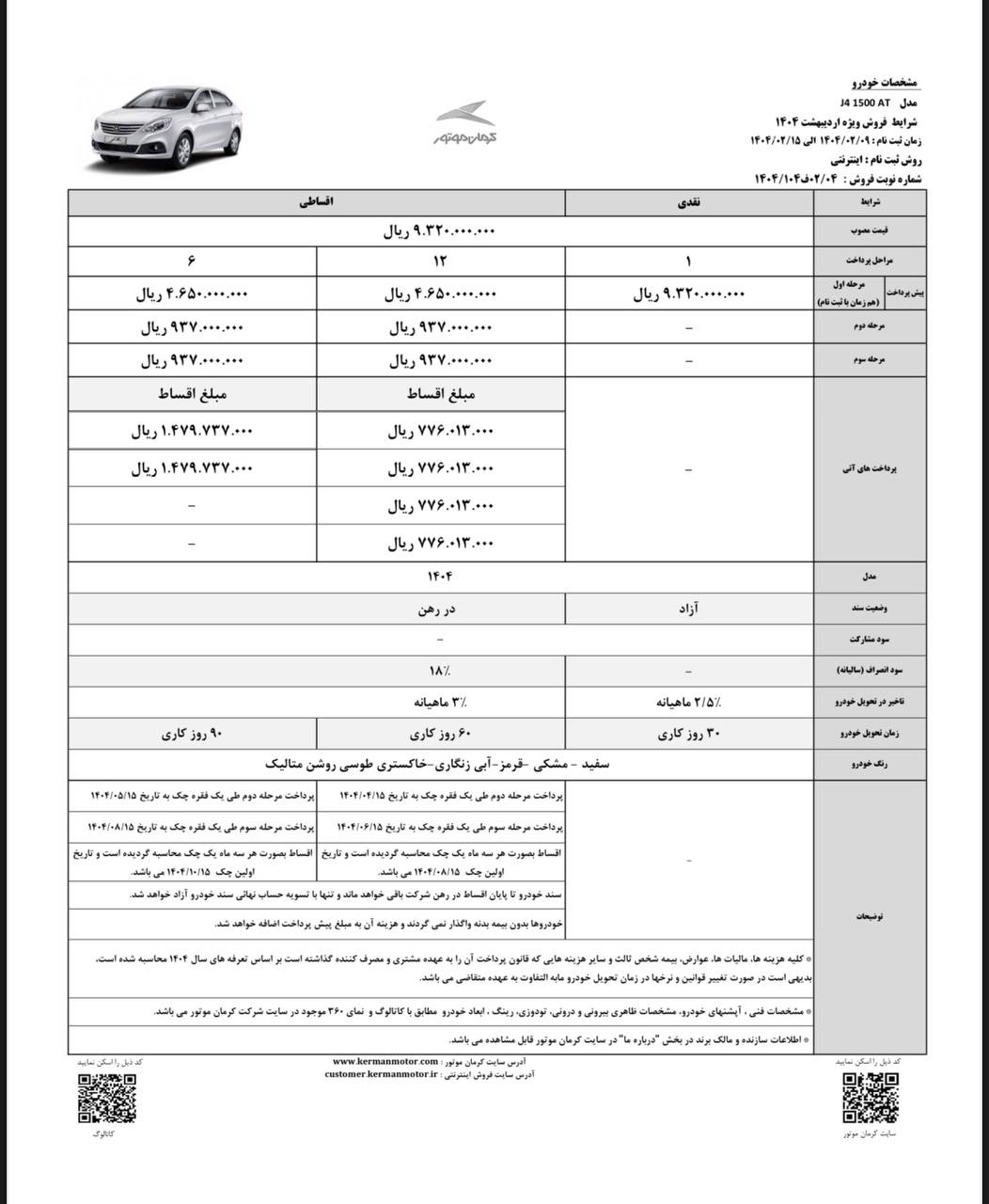 شرایط پیش‌فروش جک J4 کرمان موتور - اردیبهشت ۱۴۰۴