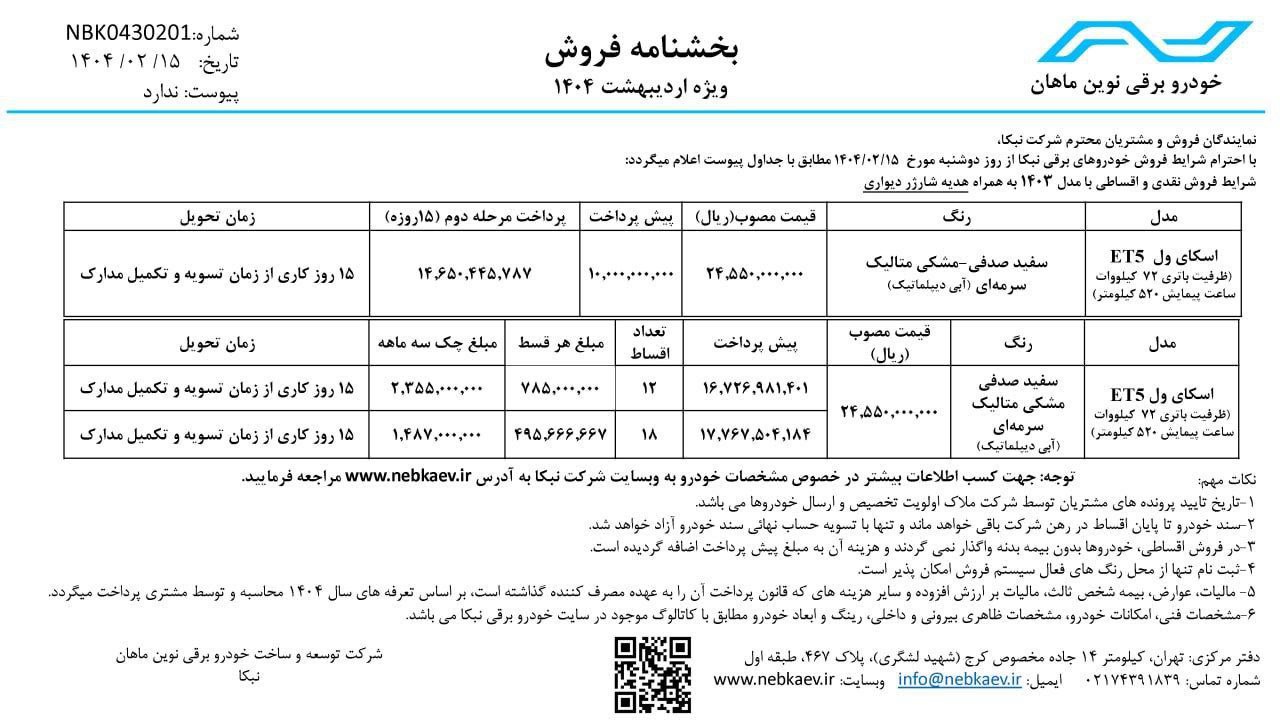 فروش نقدی و اقساطی کراس‌اوور تمام برقی اسکای ولET5