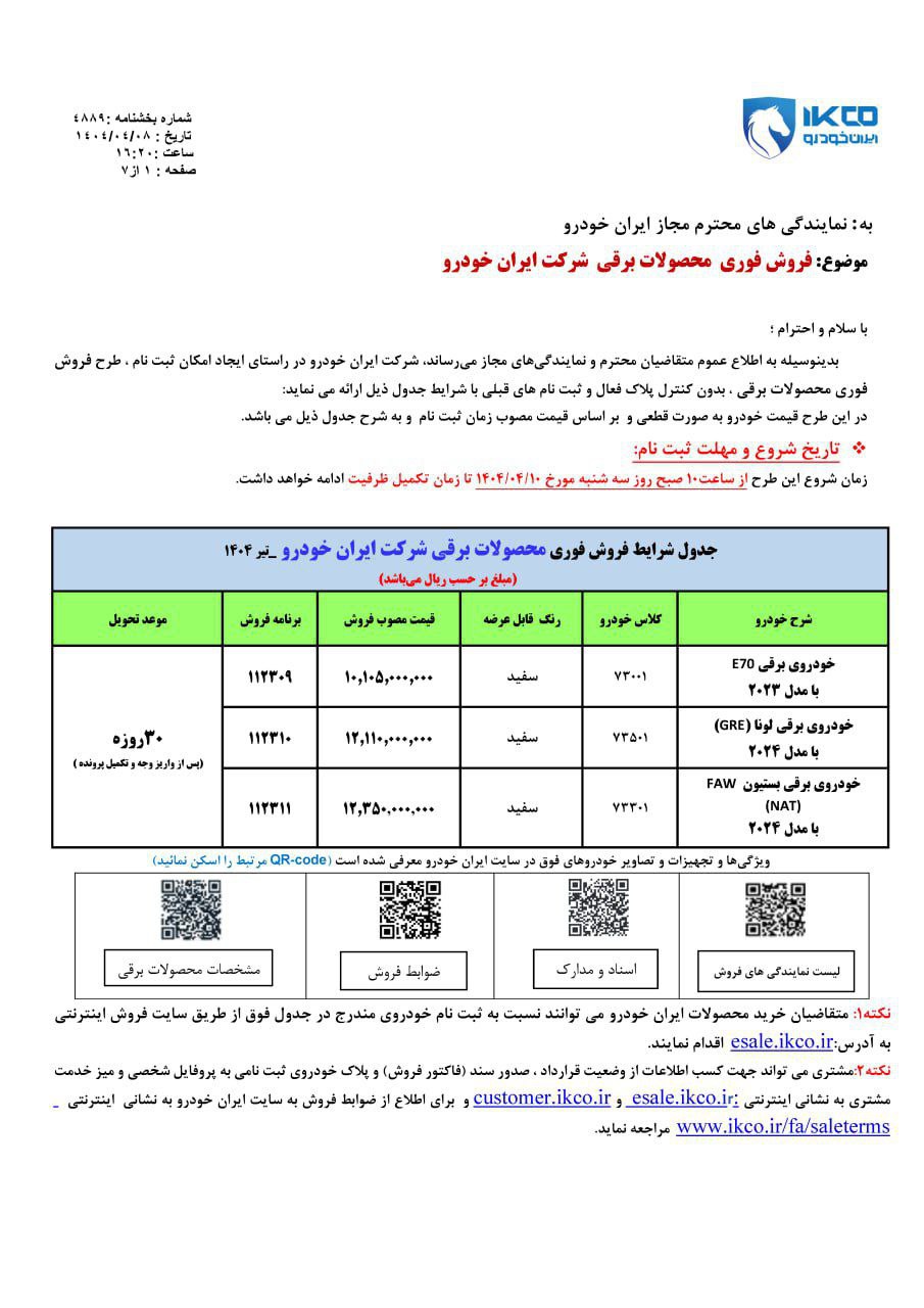 آغاز فروش فوری محصولات برقی ایران خودرو ویژه تیرماه ۱۴۰۴

🔸خودرویE70 با قیمت: ۱۰٫۱۰۵٫۰۰۰٫۰۰۰ ریال

🔸خودروی لونا GRE با قیمت: ۱۲٫۱۱۰٫۰۰۰٫۰۰۰ ریال

🔸خودروی بستیونFAW NAT با قیمت: ۱۲٫۳۵۰٫۰۰۰٫۰۰۰ ریال

🔸موعد تحویل : ۳۰ روزه
