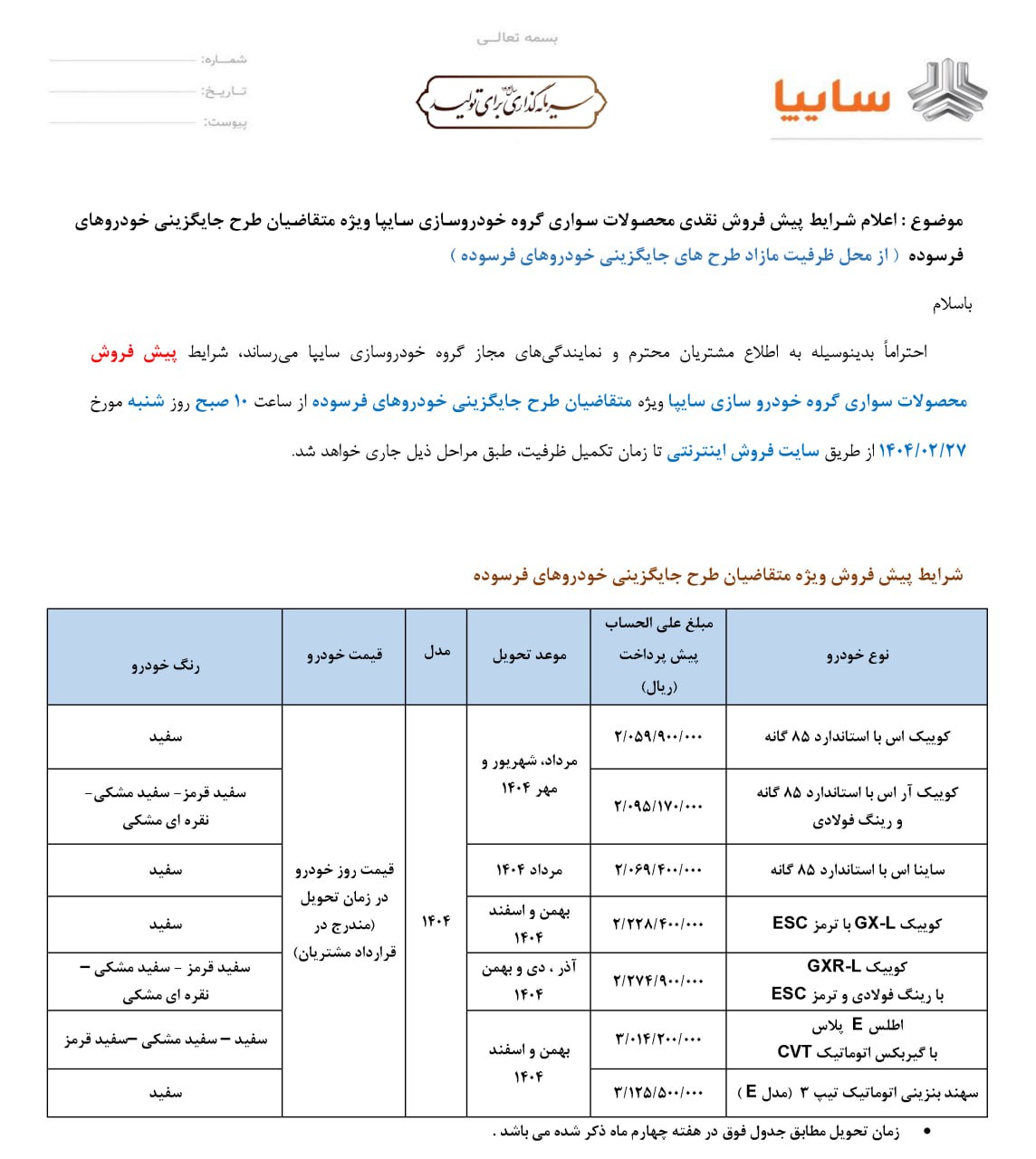 اعلام پیش‌فروش ۷ محصول سایپا ویژه متقاضیان طرح جایگزینی خودروهای فرسوده