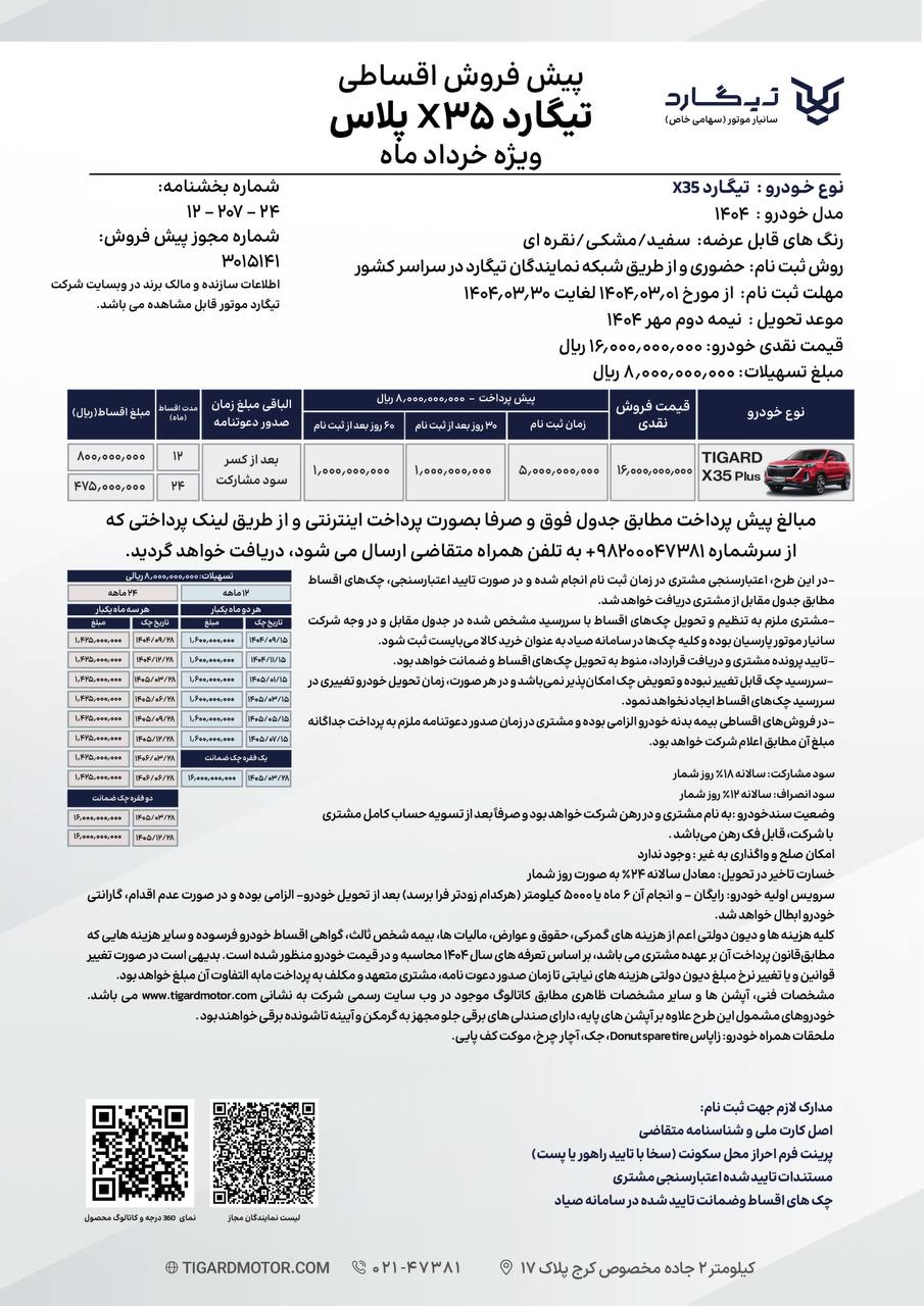 شرایط فروش تیگارد X35 پلاس سانیار موتور ویژه خردادماه ۱۴۰۴ اعلام شد

🔸قیمت: ۱,۶۰۰,۰۰۰,۰۰۰ تومان با تسهیلات ۸۰۰ میلیون تومانی با بازپرداخت ۱۲ و ۲۴ ماهه 
موعد تحویل: نیمه دوم مهر ماه ۱۴۰۴