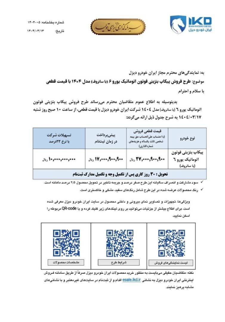 شرایط فروش فوتون اتوماتیک یورو ۶ با سانروف اعلام شد 🔸قیمت قطعی: ۲۷,۰۰۰,۹۰۰,۹۰۰ ریال 🔸تحویل: ۳۰ روز کاری پس از تکمیل وجه 🔸ثبت‌نام از ساعت ۱۰ صبح روز شنبه ۱۷ خرداد ماه ۱۴۰۴