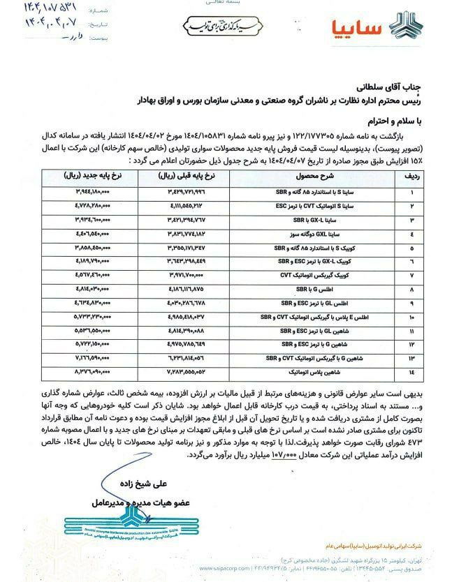 لیست قیمت سایپا تیر 1404