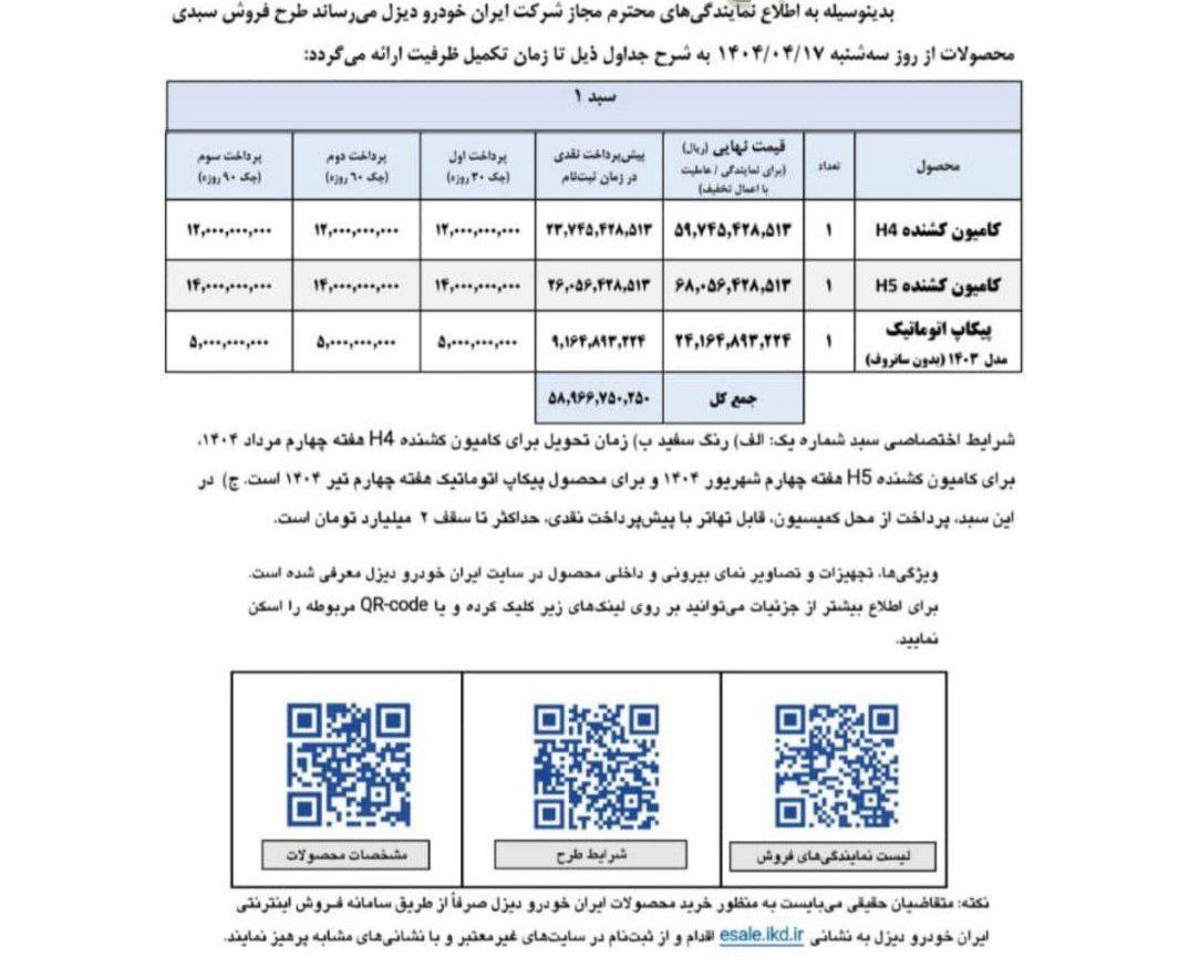 بخشنامه فروش سه محصول ایران‌خودرو دیزل ویژه تیر ۱۴۰۴ اعلام شد 🔸محصولات: کشنده‌ فوتون H۴ و H۵ و ‌پیکاپ فوتون اتوماتیک 🔸فروش از طریق نمایندگی‌های مجاز ایران‌خودرو