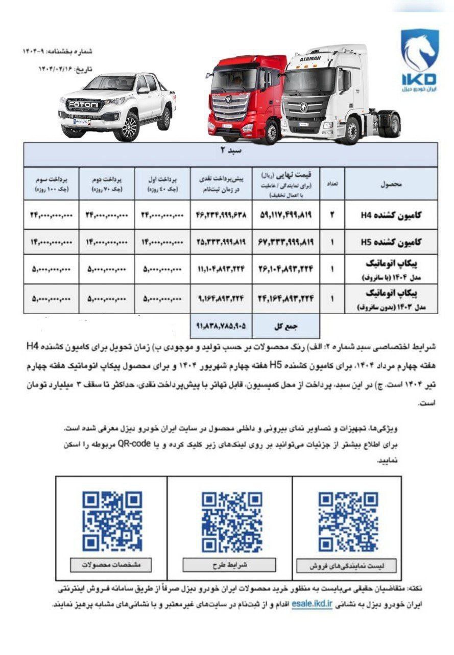 بخشنامه فروش سه محصول ایران‌خودرو دیزل ویژه تیر ۱۴۰۴ اعلام شد 🔸محصولات: کشنده‌ فوتون H۴ و H۵ و ‌پیکاپ فوتون اتوماتیک 🔸فروش از طریق نمایندگی‌های مجاز ایران‌خودرو