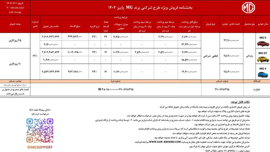 شرایط فروش محصولات ام جی فرداموتور ویژه مهرماه ۱۴۰۴