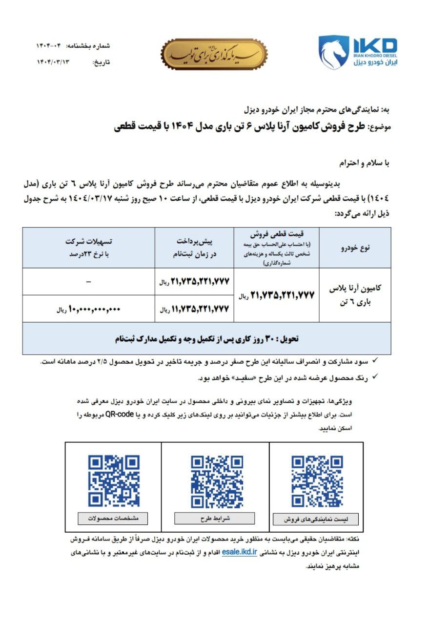 بخشنامه فروش کامیونت آرنا پلاس ۶ تن با قیمت جدید ویژه خرداد ماه ۱۴۰۴ اعلام شد 