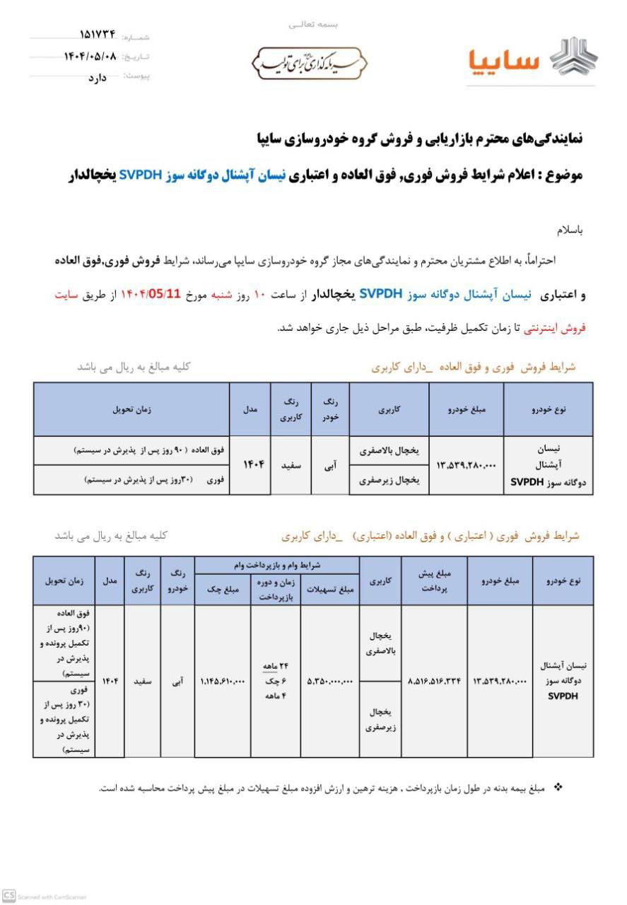 شرايط فروش نيسان دوگانه سوزآپشنال راديال SVPDH يخچالدار اعلام شد - مرداد ۱۴۰۴ 🔸مهلت ثبت‌نام: از ساعت ۱۰ شنبه ۱۱ مرداد ۱۴۰۴ 
