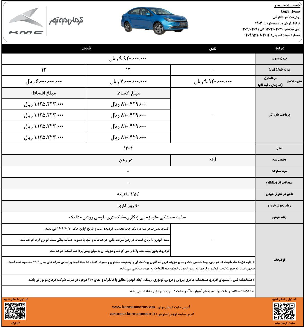شرایط فروش ایگل کرمان موتور اعلام شد 🔹شرکت کرمان موتور شرایط فروش نقدی و اقساطی خودروی کی ام سی ایگل را اعلام کرد. 🔸موعد تحویل ۹۰ روز کاری 🔹ثبت‌نام از روز شنبه ۲۱ تیرماه تا روز چهارشنبه ۳۱ تیرماه به صورت اینترنتی و با مراجعه به سایت کرمان موتور قیمت مصوب: ۹۹۲ میلیون تومان