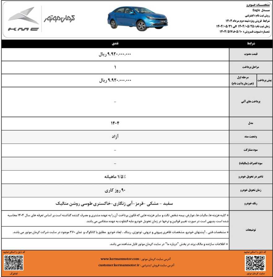 شرایط فروش نقدی ایگل کرمان موتور - مرداد ۱۴۰۴