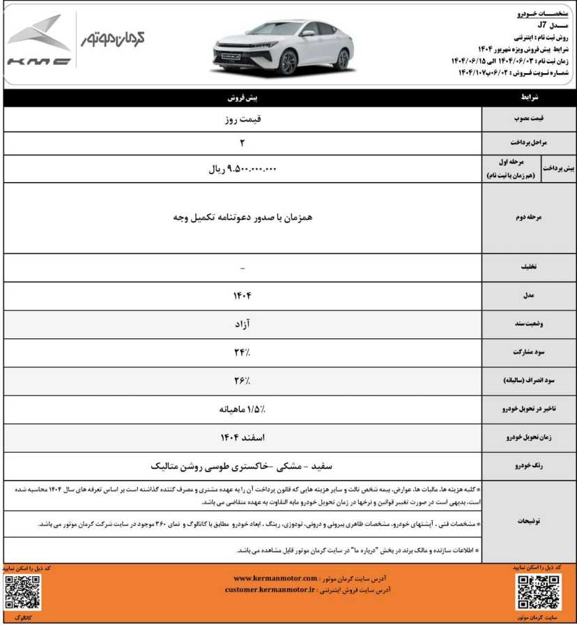 شرایط فروش کی‌ام‌سی J7 کرمان موتور - شهرور ۱۴۰۴