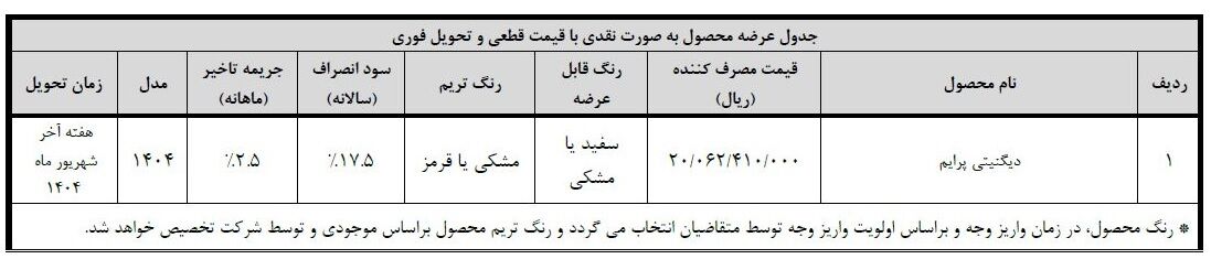 آغاز فروش فوری دیگنیتی پرایم ویژه متقاضیان عادی - مرداد ۱۴۰۴ 🔸امکان ثبت نام و واریز وجه برای محصول دیگنیتی پرایم به صورت نقدی با قیمت قطعی و تحویل فوری از ساعت 10 صبح فردا دوشنبه مورخ 6 مردادماه لغایت ساعت 16 روز شنبه مورخ 18 مردادماه 1404 یا تا زمان تکمیل ظرفیت فراهم گردیده است. 