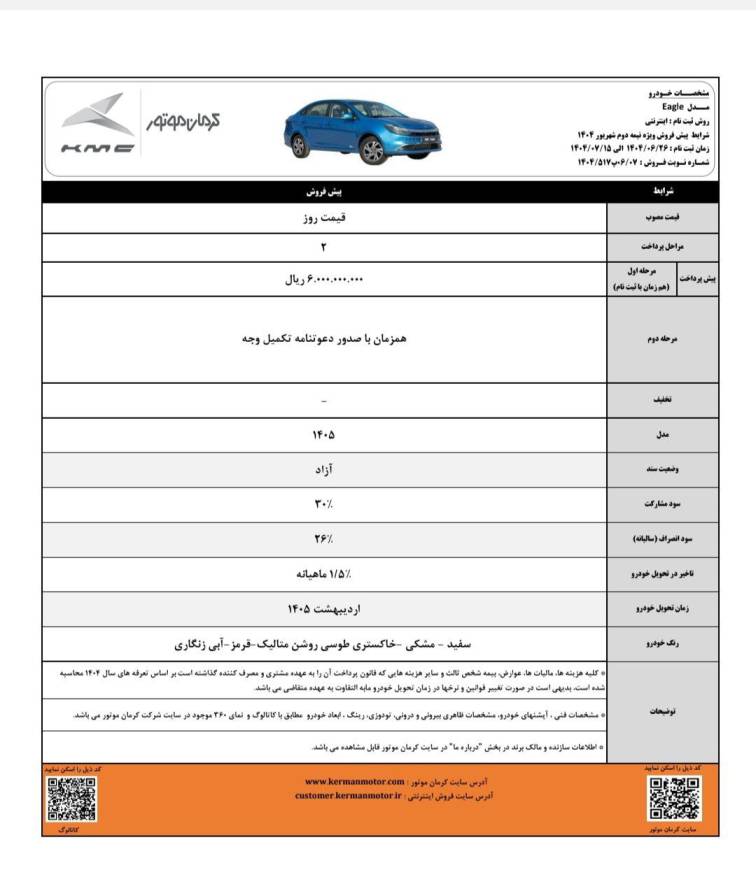 شرایط فروش Eagle کرمان موتور شهریور ۱۴۰۴