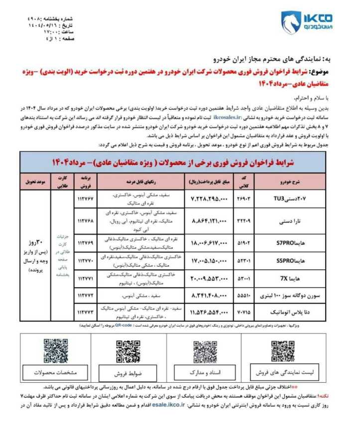 شرایط فروش محصولات ایران خودرو اعلام شد ویژه طرح عادی - مرداد۱۴۰۴