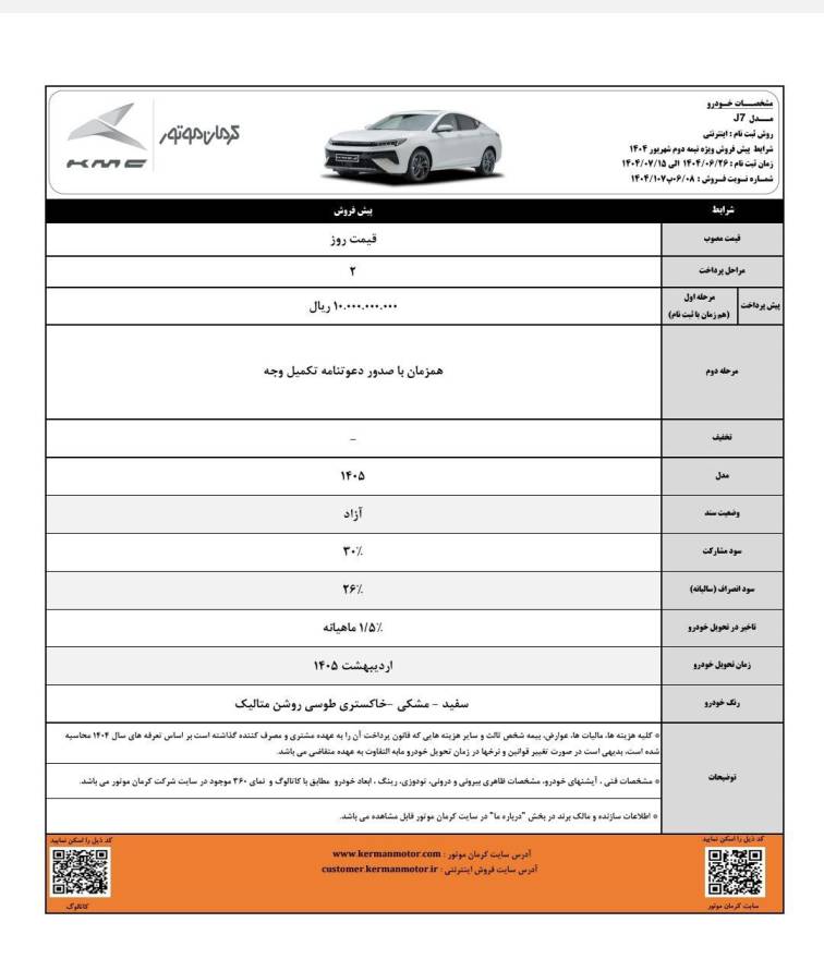 شرایط فروش J7 کرمان موتور - شهریور ۱۴۰۴