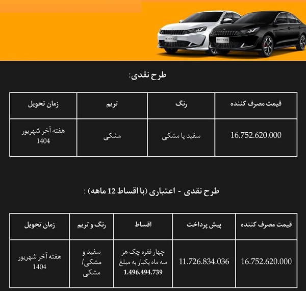 برنامه فروش نقدی و اقساطی خودرو ریسپکت و دیگینیتی پرایم - مرداد ۱۴۰۴