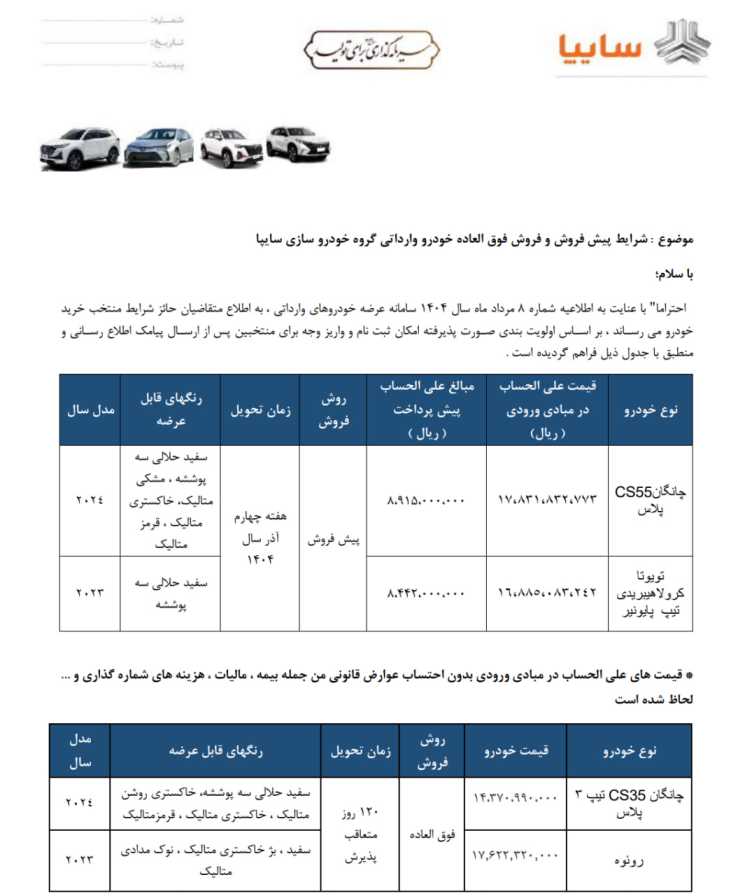 شرایط فروش چانگان، روئوه و کرولا کراس هیبریدی وارداتی سایپا اعلام شد - ویژه متقاضیان سامانه یکپارچه وارداتی