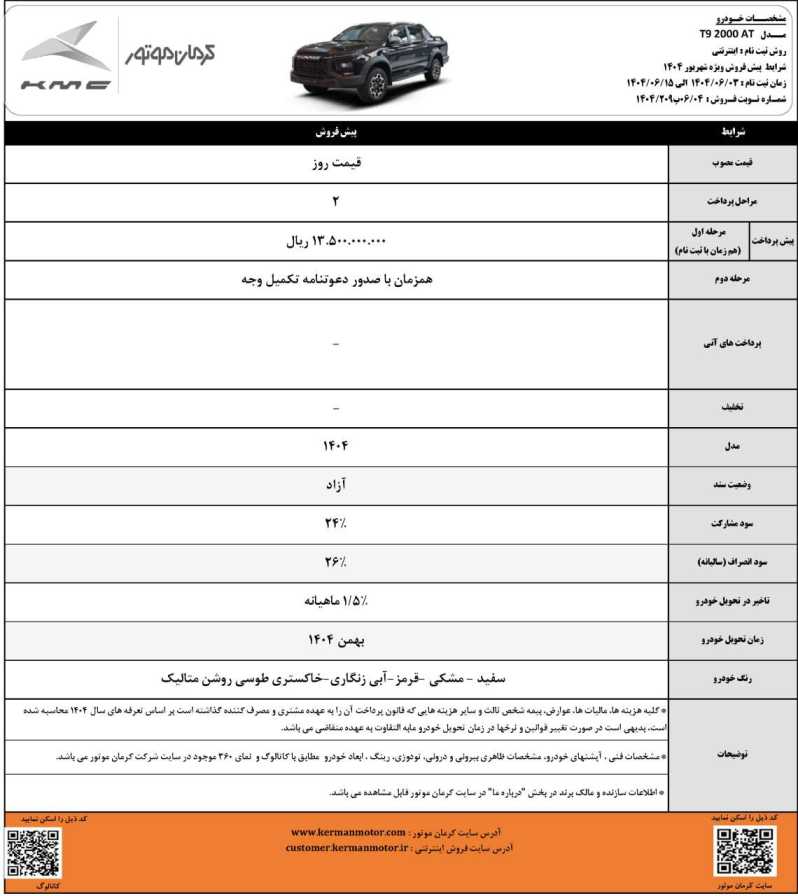 شرایط فروش کی‌ام‌سی T9 کرمان موتور - شهریور ۱۴۰۴