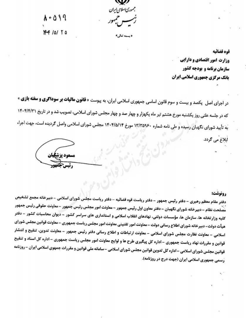 قانون مالیات بر سوداگری و سفته بازی ابلاغ شد
