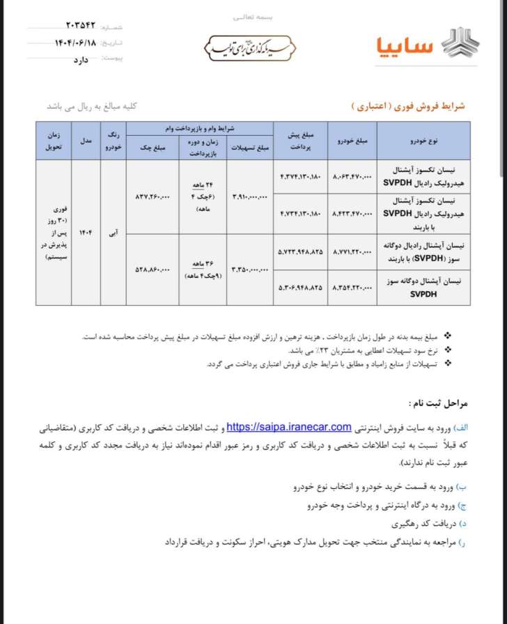 شرایط فروش اقساطی انواع کامیونت نیسان تک‌سوز و دوگانه‌سوز زامیاد ویژه شهریور ماه ۱۴۰۴ 
