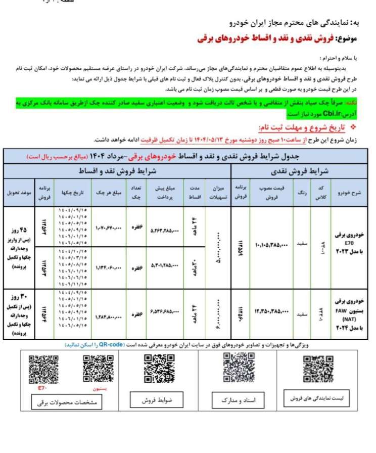 آغاز فروش فوری نقد و اقساط خودروهای برقی شرکت ایران خودرو 
ویژه متقاضیان عادی 

🔸تحویل: ٣٠ و ۴۵ روز کاری
 
🔸ثبت‌نام: دوشنبه ١٣ تیر ماه ساعت ١٠ صبح 