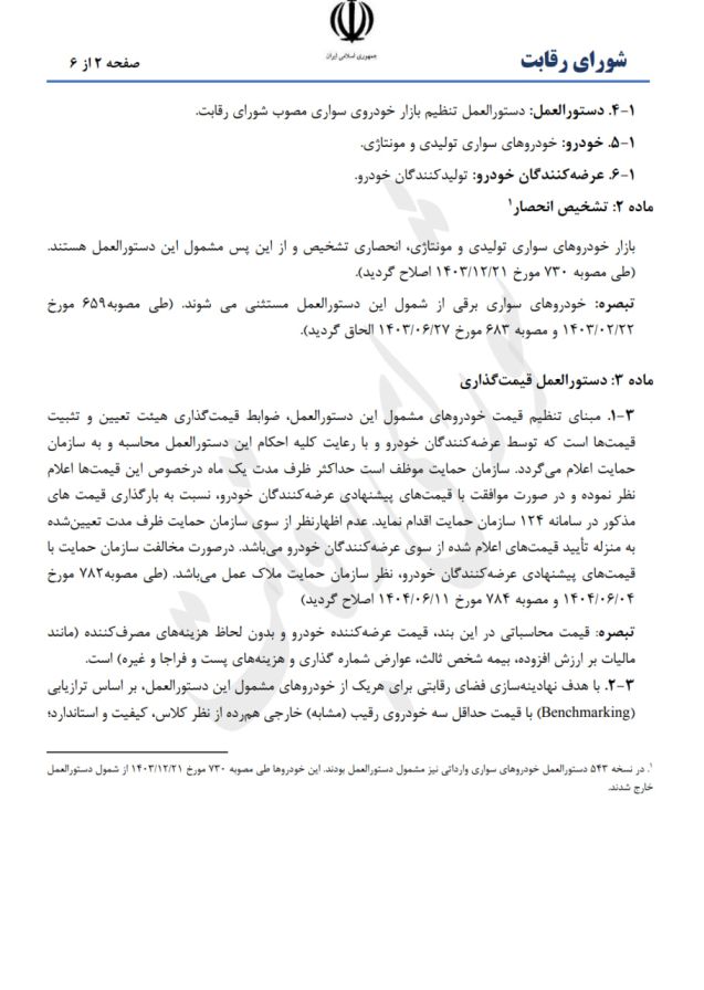 دستورالعمل جدید تنظیم بازار خودرو توسط شورای رقابت ابلاغ شد