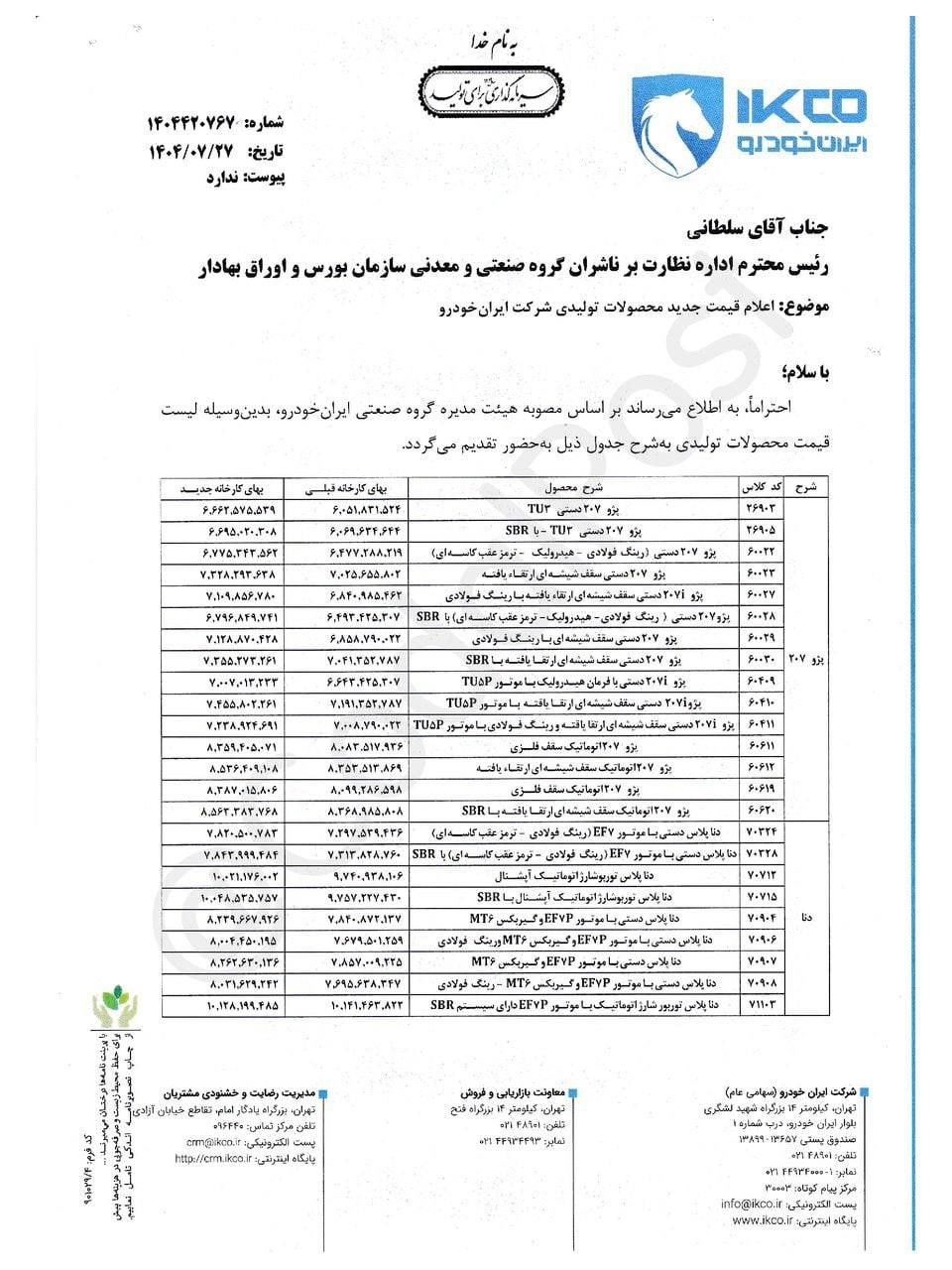 لیست قیمت جدید محصولات ایران خودرو ویژه مهر ۱۴۰۴