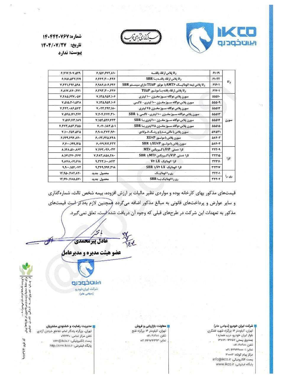لیست قیمت جدید محصولات ایران خودرو ویژه مهر ۱۴۰۴