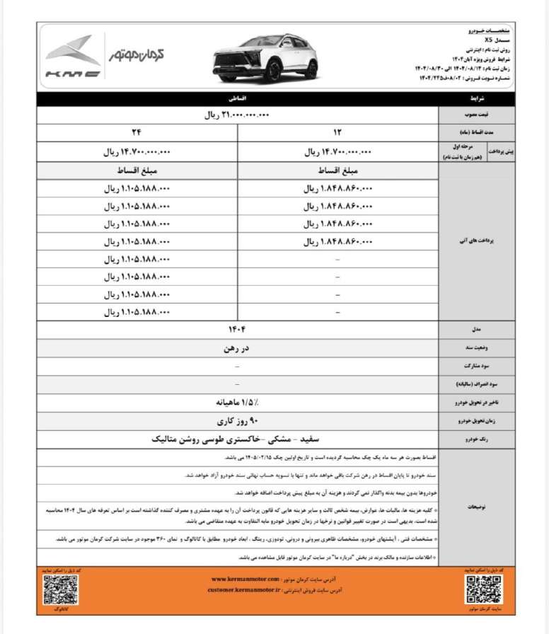 شرایط فروش کی ام سی X5 کرمان موتور - آبان ۱۴۰۴ 