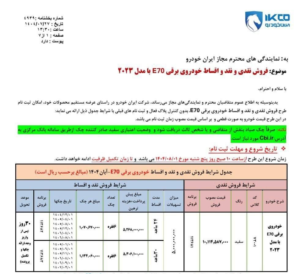 شرایط فروش دانگ فنگ E70 ایران‌خودرو - مهر ۱۴۰۴