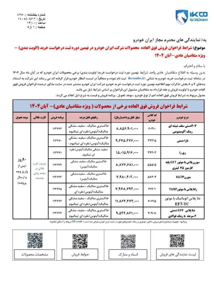 شرایط فروش محصولات ایران خودرو ویژه طرح عادی - آبان ۱۴۰۴