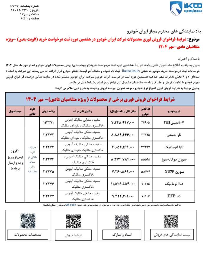 شرایط فروش محصولات ایران خودرو طرح عادی - مهر ۱۴۰۴