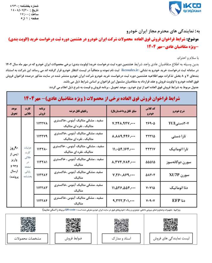شرایط فروش محصولات ایران خودرو طرح عادی - مهر ۱۴۰۴