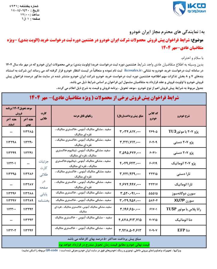 شرایط فروش محصولات ایران خودرو طرح عادی - مهر ۱۴۰۴