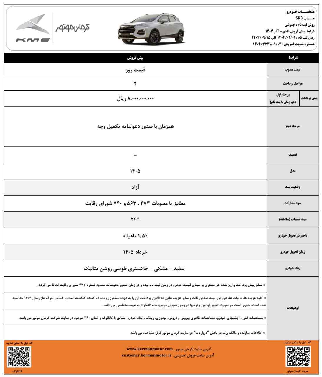 شرایط پیشفروش کی ام سی SR3 - آذر ۱۴۰۴
