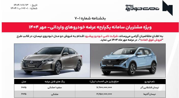 شرایط فروش فوق‌العاده نیسان آلتیما ویژه متقاضیان سامانه یکپارچه – مهر ۱۴۰۴