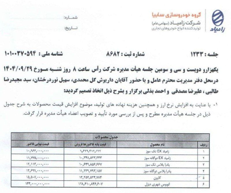 قیمت نهایی جدید محصولات زامیاد اعلام شد
