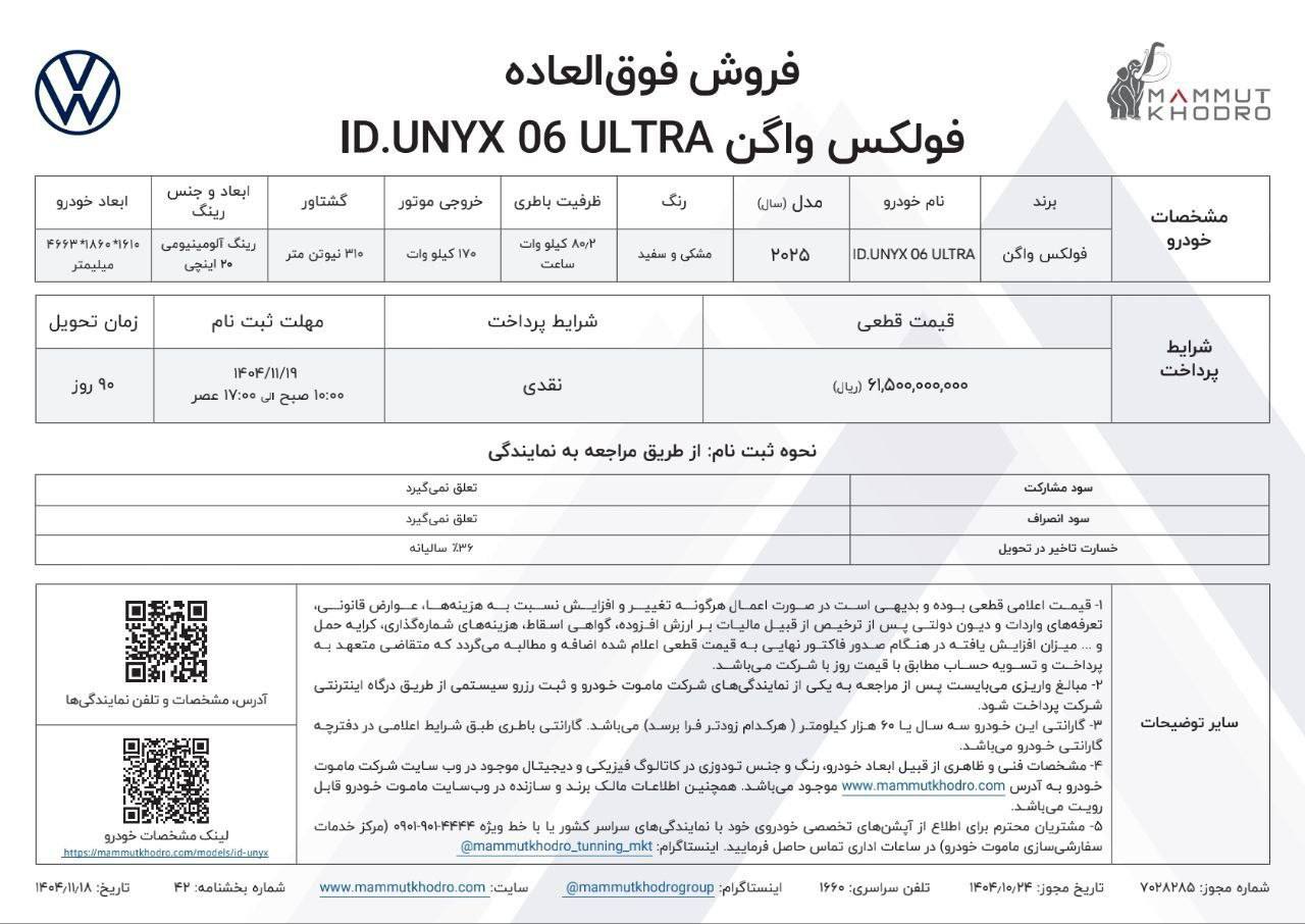 شرایط فروش فولکس واگن ID.UNYX اولترا اعلام شد - بهمن ۱۴۰۴