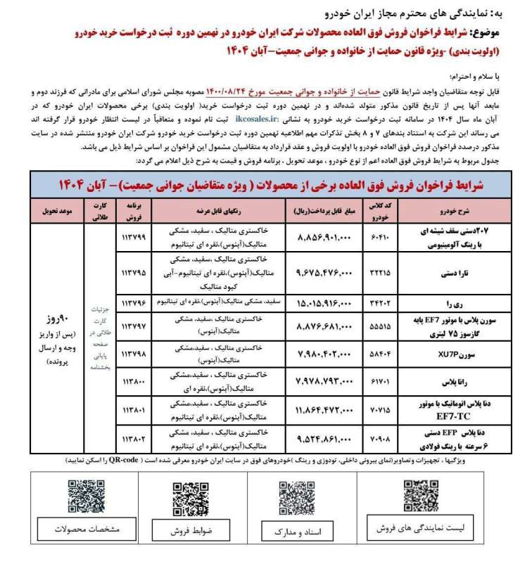 شرایط فروش محصولات ایران خودرو ویژه طرح جوانی جمعیت - آبان ۱۴۰۴