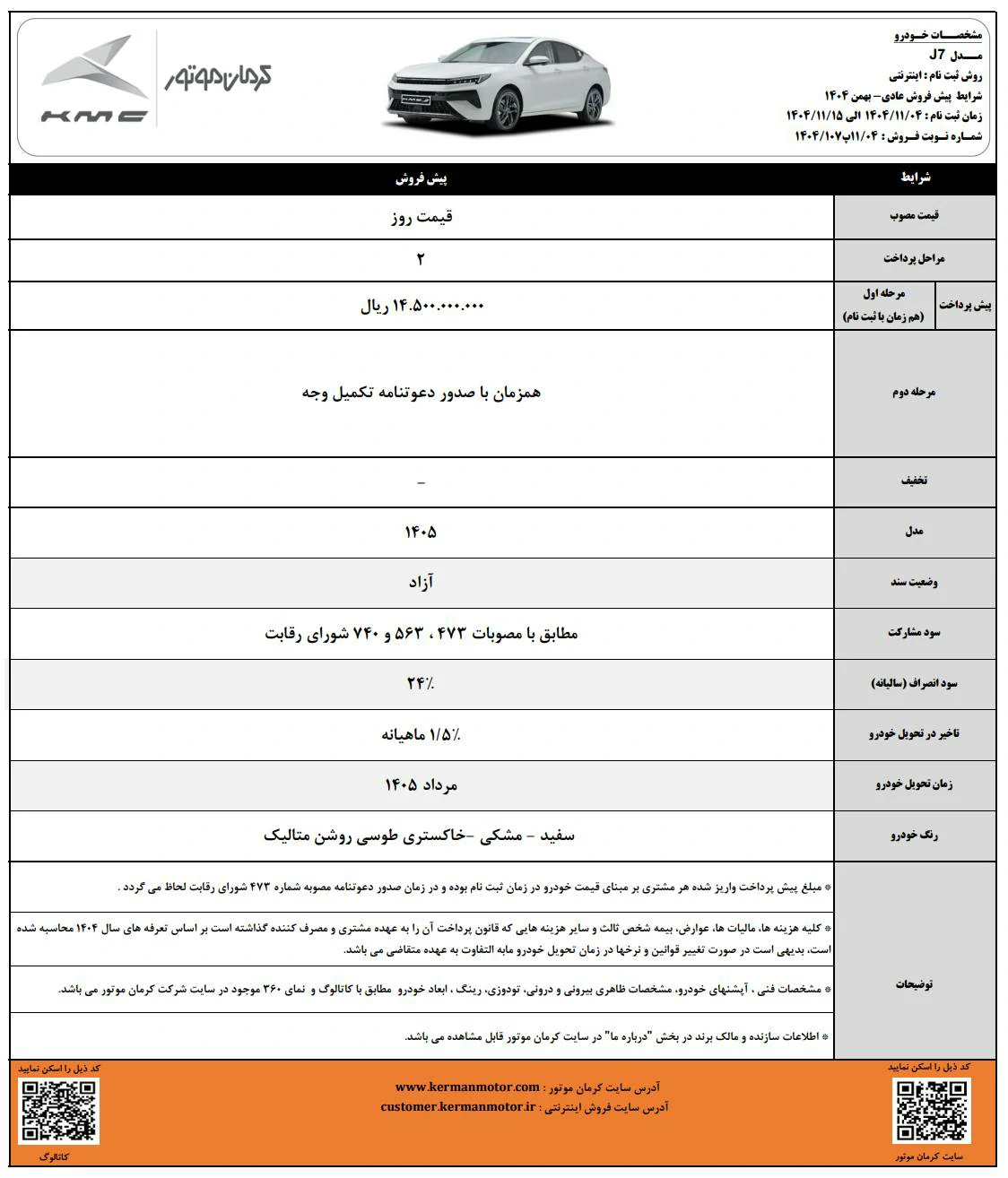 پیشفروش J7 کرمان موتور - بهمن ۱۴۰۴