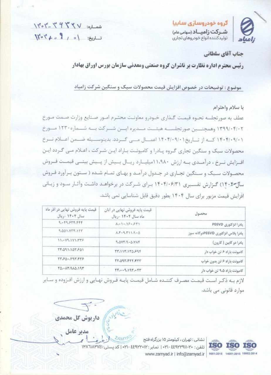 لیست جدید قیمت محصولات زامیاد با افزایش اعلام شد - آذر ۱۴۰۴