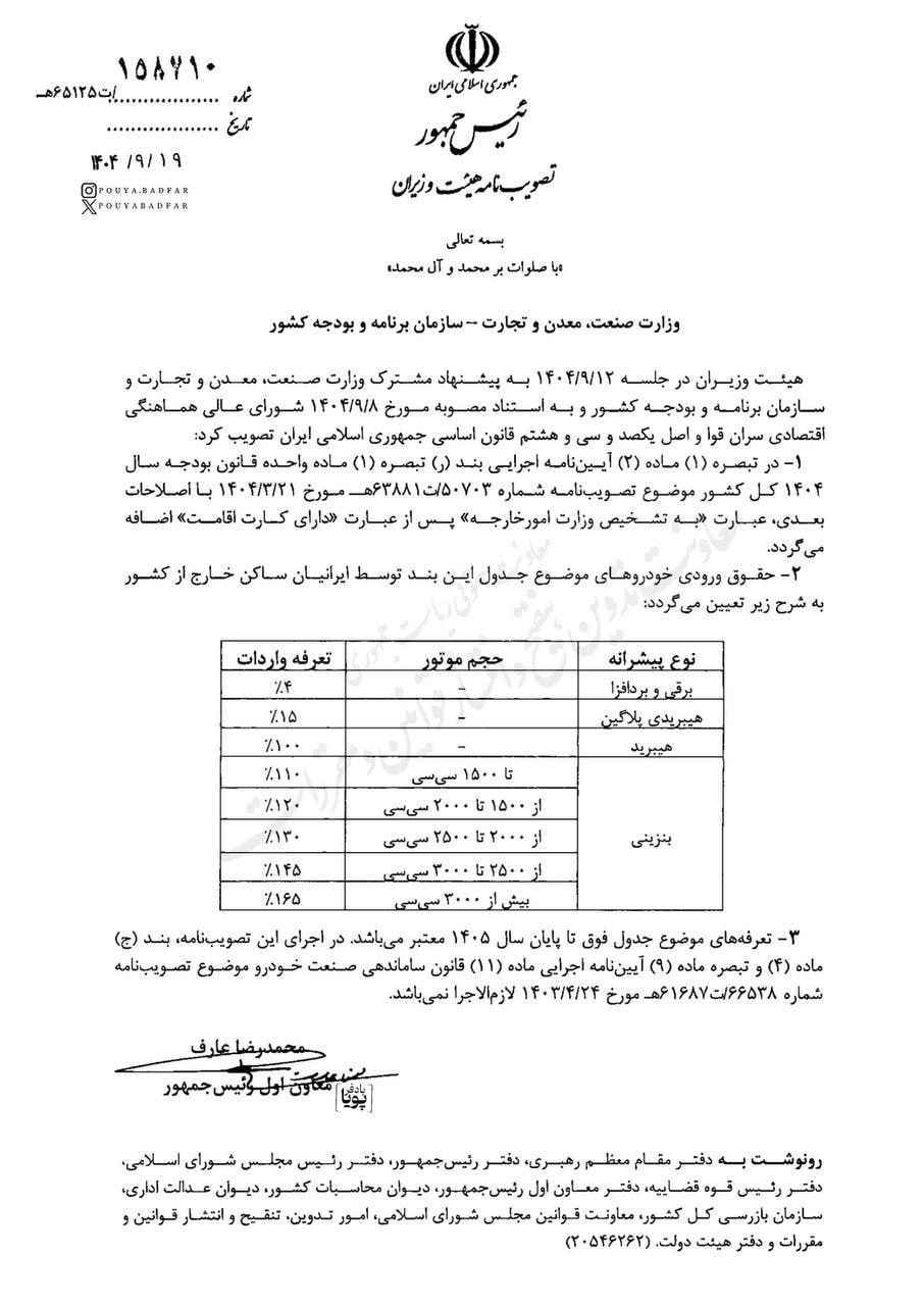تعرفه واردات خودرو توسط ایرانیان مقیم خارج اعلام شد