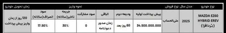 شرایط فروش مزدا EZ-۶۰ ویژه متقاضیان سامانه اتونوین - دی ۱۴۰۴