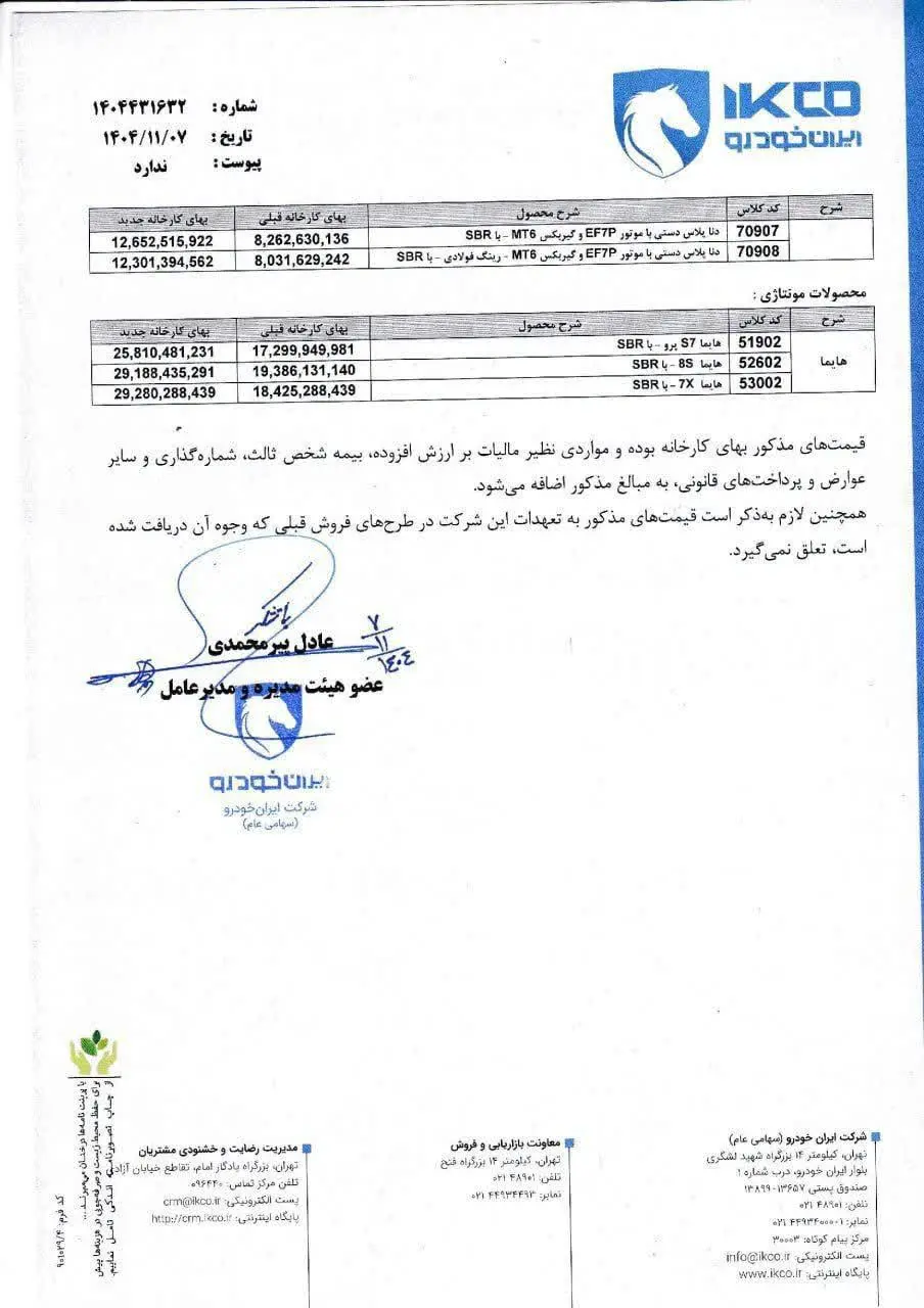 لیست قیمت جدید محصولات ایران خودرو ویژه بهمن ماه ۱۴۰۴